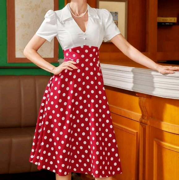 Vintage Elegant Women Dress, Polka Dot Print, V-Neck Collared Shirt, Short Sleev - Picture 1 of 5